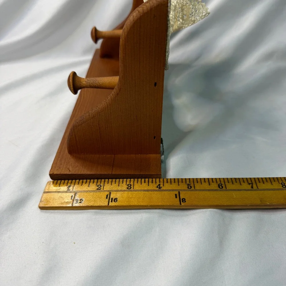 Vintage Wood Heart Cutout Wall Shelf with Peg Hooks and Lace Trim Country Decor